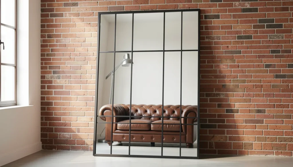 Grand miroir verrière noir mat posé au sol dans un salon style industriel avec mur brique et canapé cuir