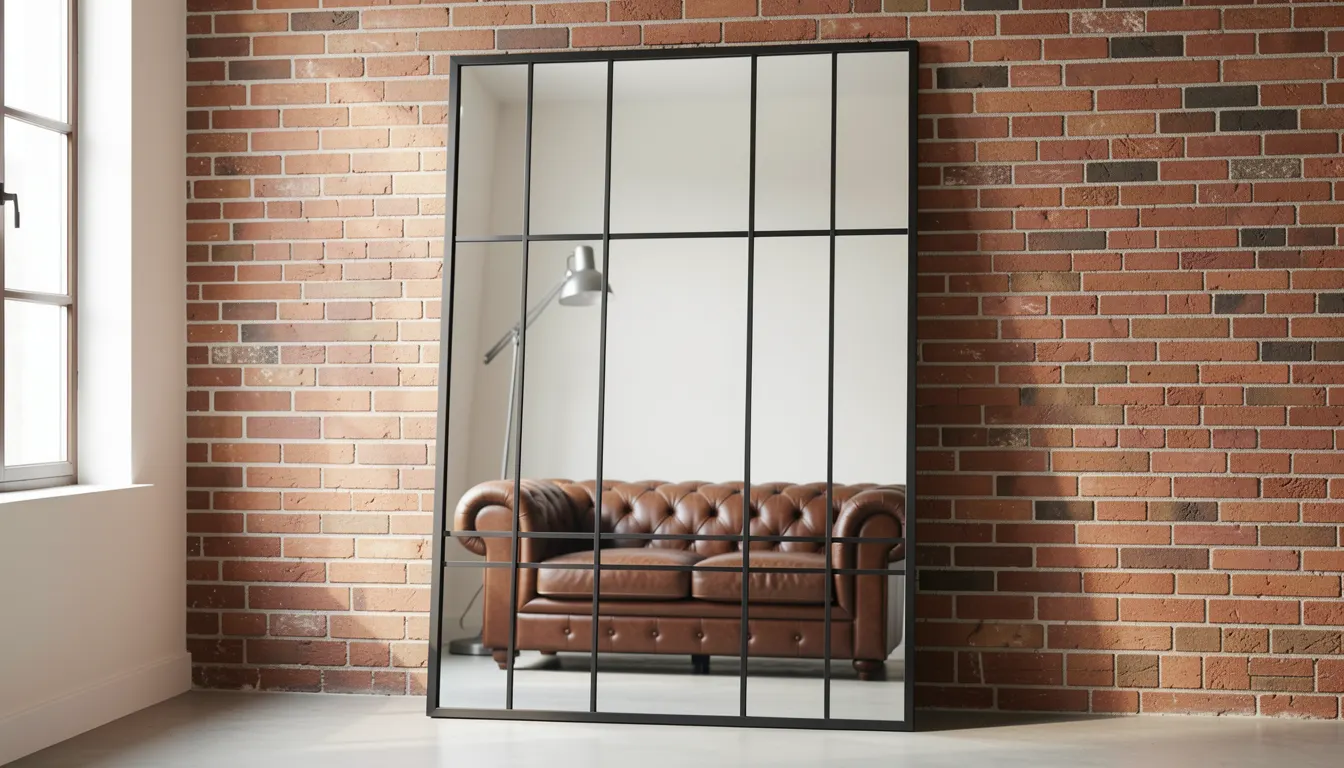 Grand miroir verrière noir mat posé au sol dans un salon style industriel avec mur brique et canapé cuir