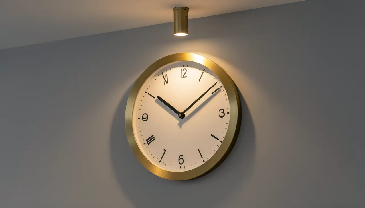 Grande horloge murale éclairée par un spot directionnel