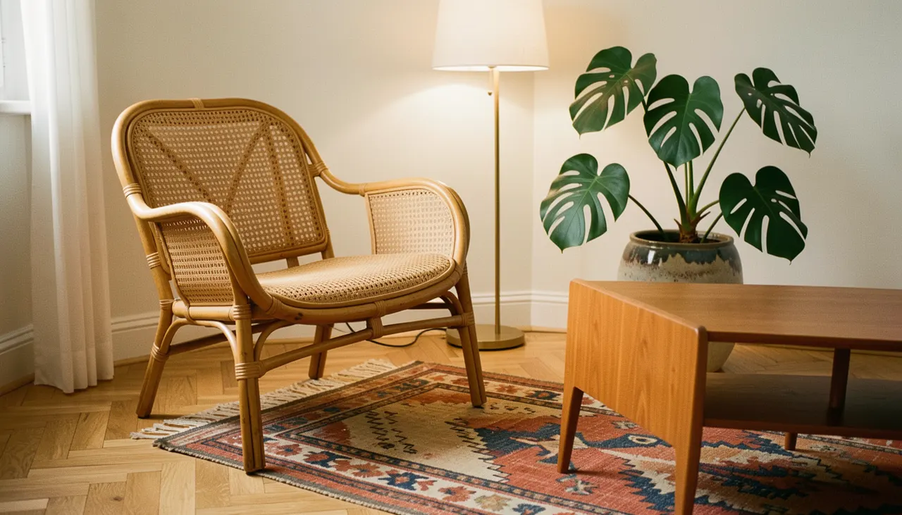 Fauteuil vintage en rotin des années 70, table basse en teck massif, tapis kilim, plantes vertes