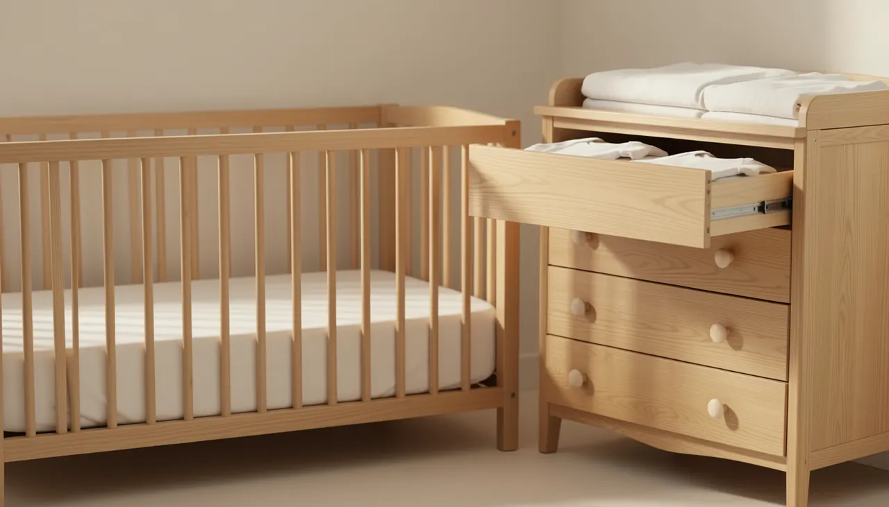 Détail lit bébé bois naturel barreaux espacement norme et commode langer trois tiroirs