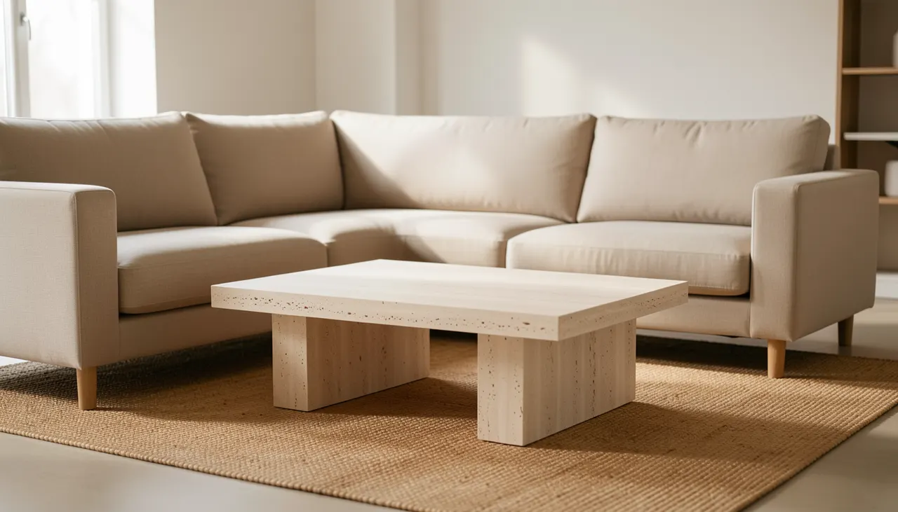 Canapé modulaire lin beige pieds bois clair table basse travertin salon moderne
