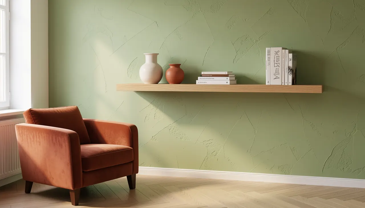 Mur d'accent vert sauge texturé enduit chaux, étagère chêne flottante avec livres et céramiques, fauteuil velours terracotta devant, lumière rasante latérale
