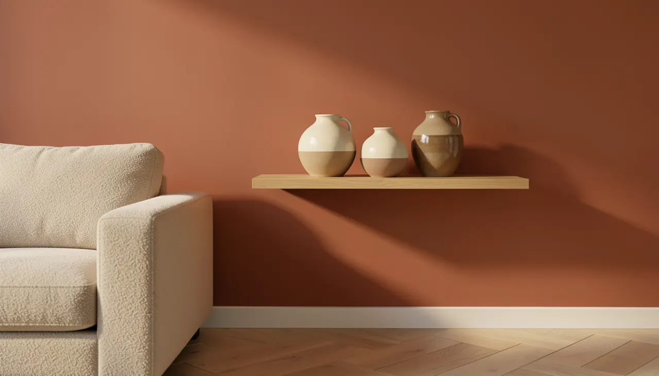 Mur d'accent terracotta doux dans un petit salon avec canapé clair et étagères murales