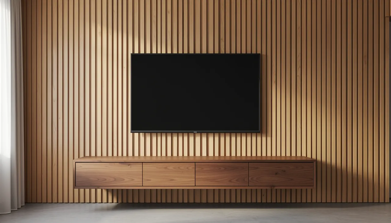 Mur TV habillé de tasseaux chêne vertical clair avec TV noir éteint intégré dans le rythme