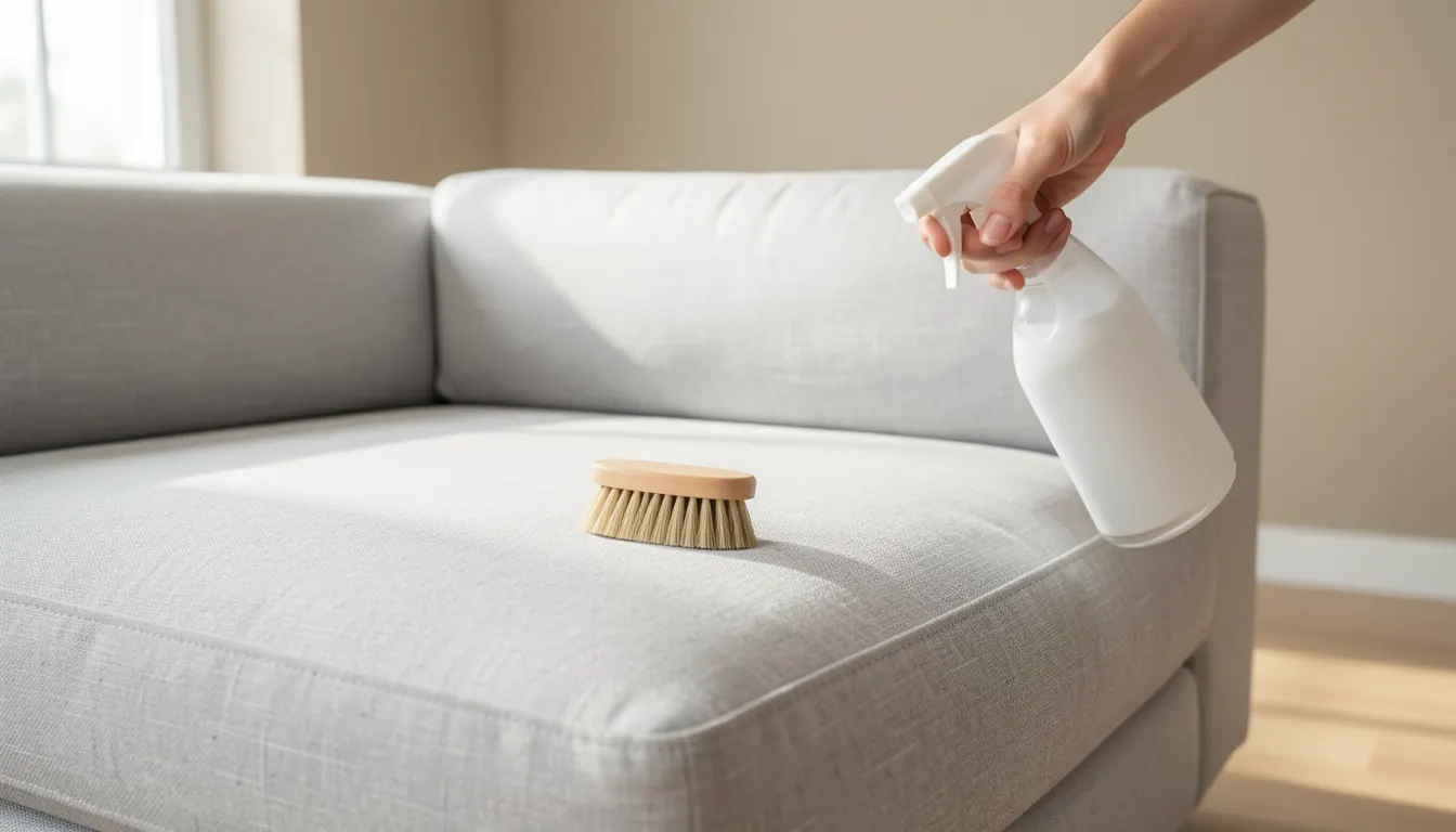 Canapé en tissu clair nettoyé avec une brosse douce et un spray nettoyant