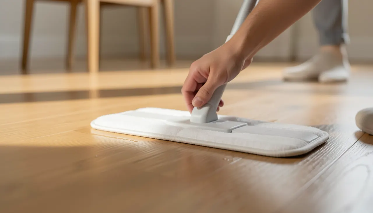 Main passant une serpillière microfibre légèrement humide sur parquet chêne massif vitrifié mat