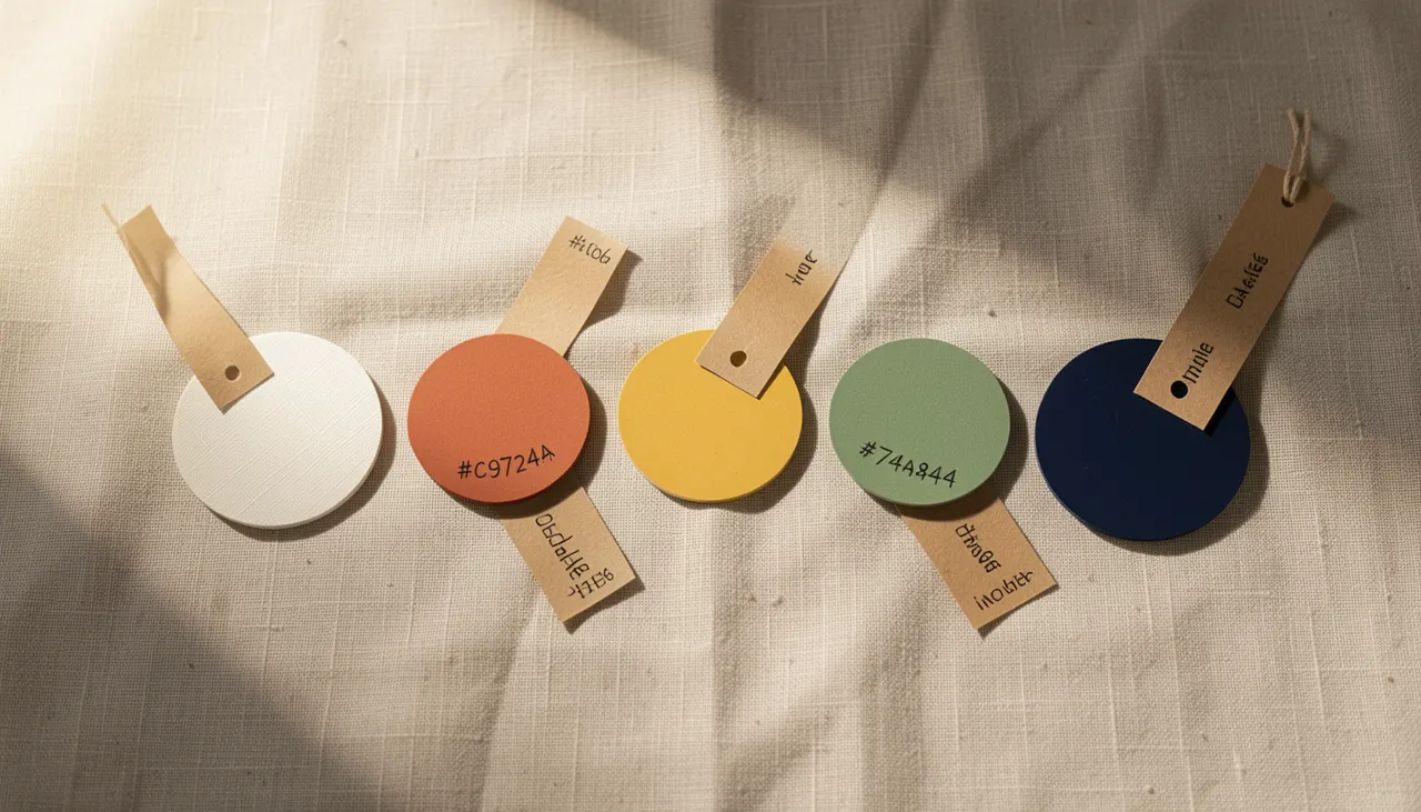 Palette de couleurs bohème chic avec échantillons lin, terracotta, ocre, vert sauge, indigo