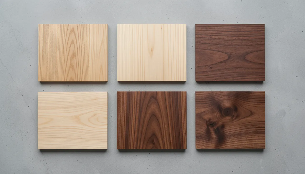 Échantillons de bois brut : chêne, noyer, pin, hêtre posés sur fond neutre