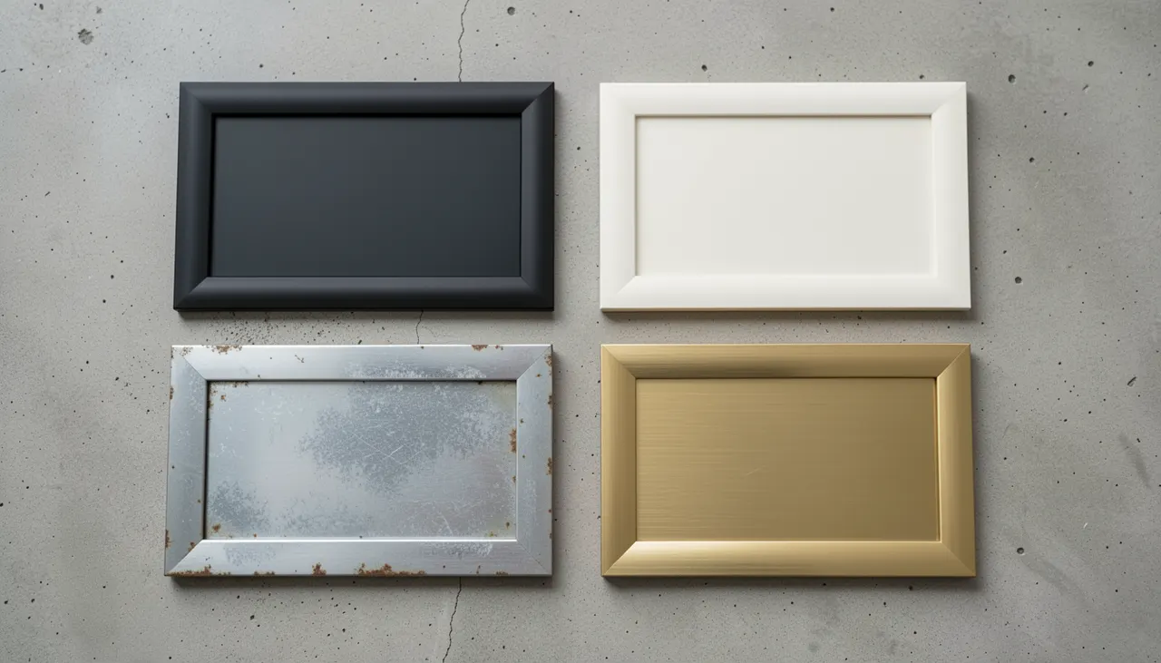 Échantillons de finitions cadre miroir verrière : noir mat, blanc cassé, acier brut verni, laiton brossé