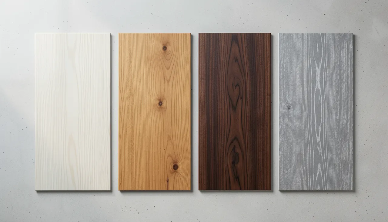 Échantillons carrelage imitation parquet quatre teintes chêne clair miel noyer gris blanchi