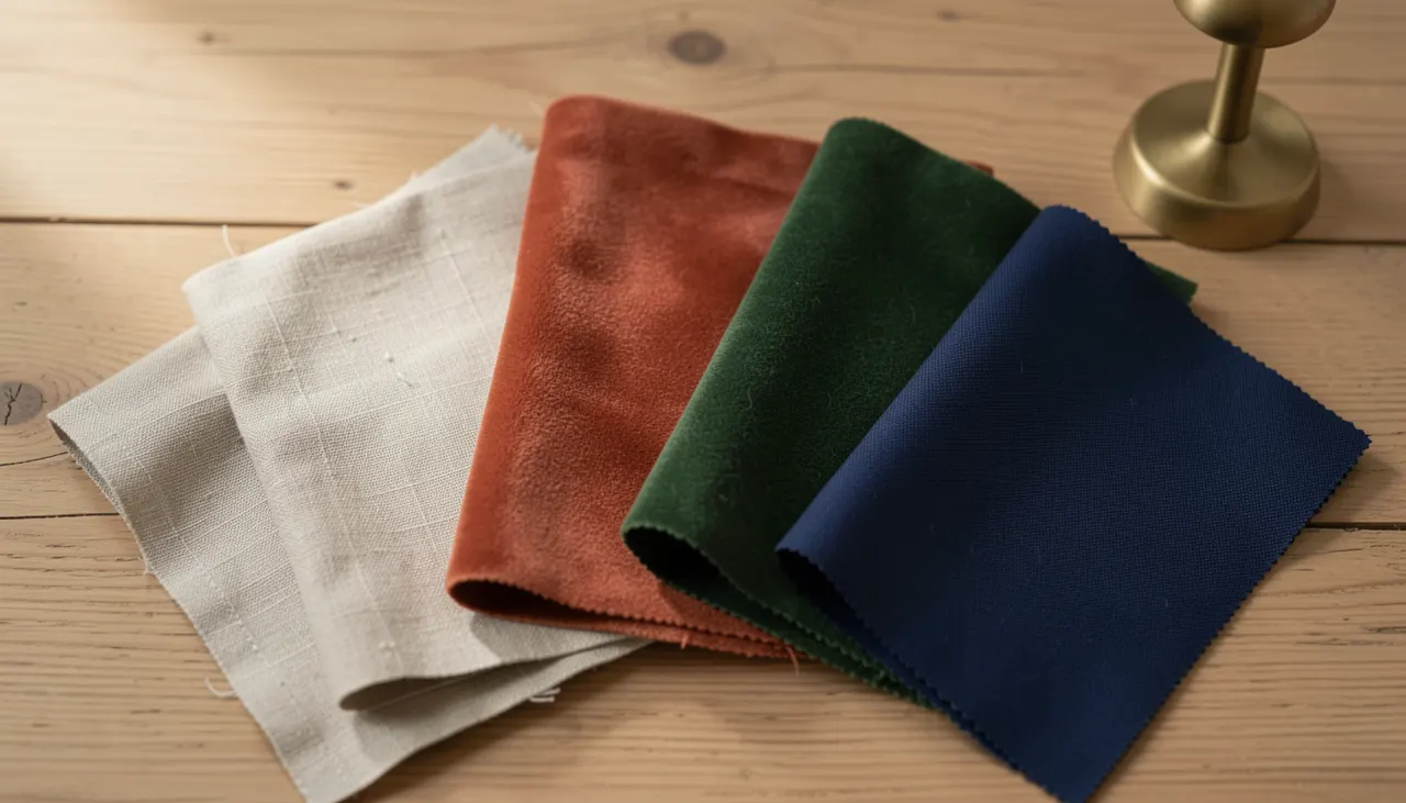 Échantillons de tissus canapé alignés : lin beige, velours terracotta, vert sapin, bleu nuit sur table en chêne