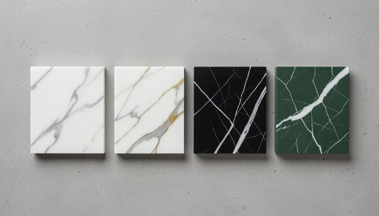 Quatre échantillons marbre Carrara Calacatta Nero Marquina Vert Guatemala posés côte à côte sur fond neutre