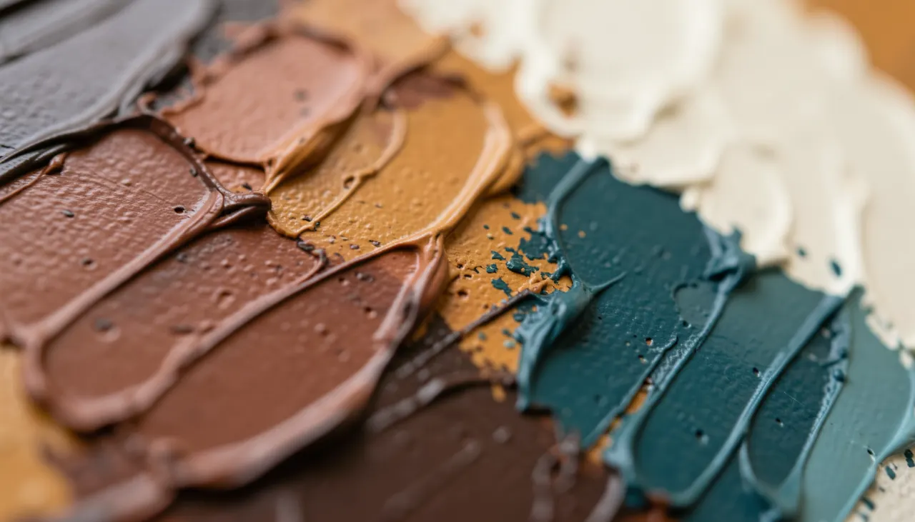 Détail rapproché d'un tableau abstrait montrant textures et palette terre, ocre, bleu pétrole sur toile