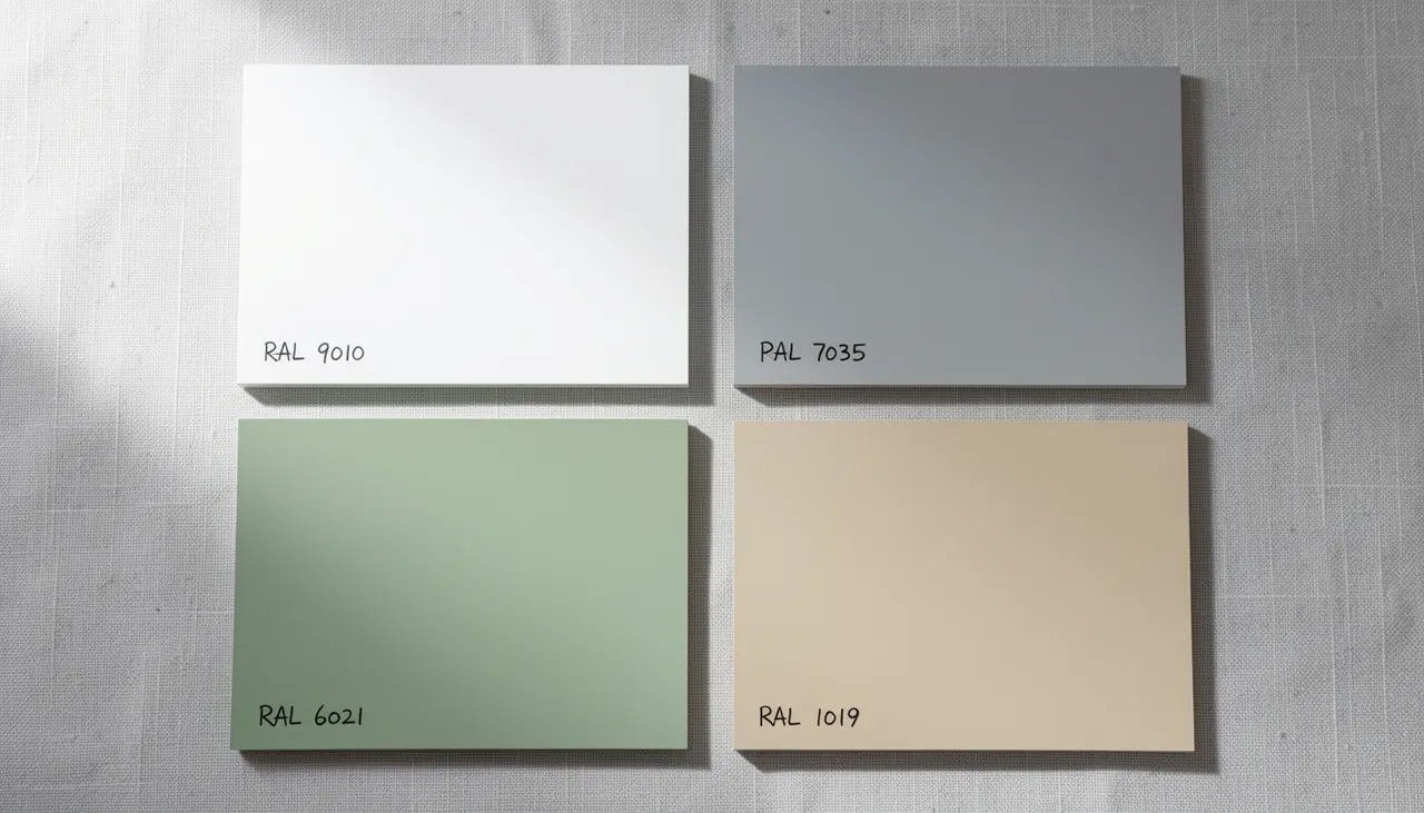 Nuancier de teintes claires pour petite salle de bain : blanc, gris perle, vert sauge, beige sable