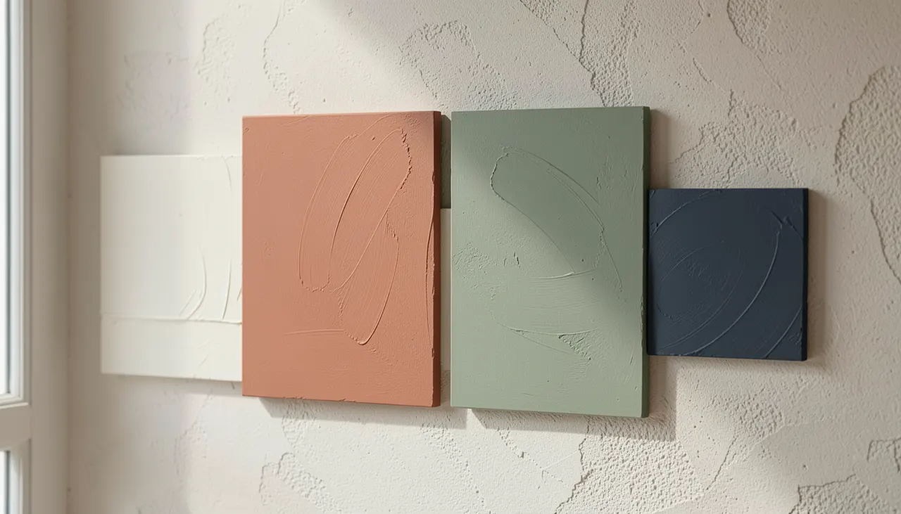 Nuancier couleurs chambre parentale : blanc lin, argile, vert sauge, bleu ardoise
