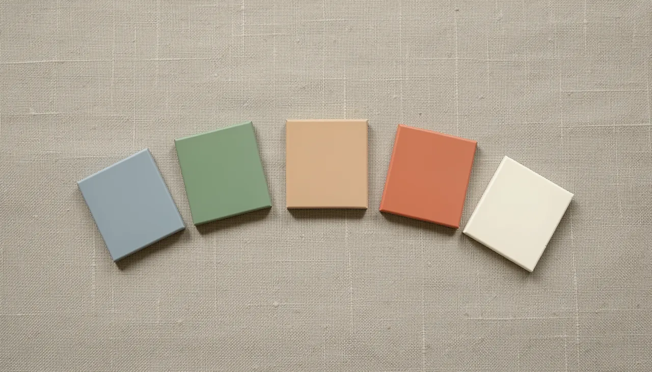 Nuancier teintes apaisantes chambre : bleu gris vert sauge beige chaud terre cuite pâle