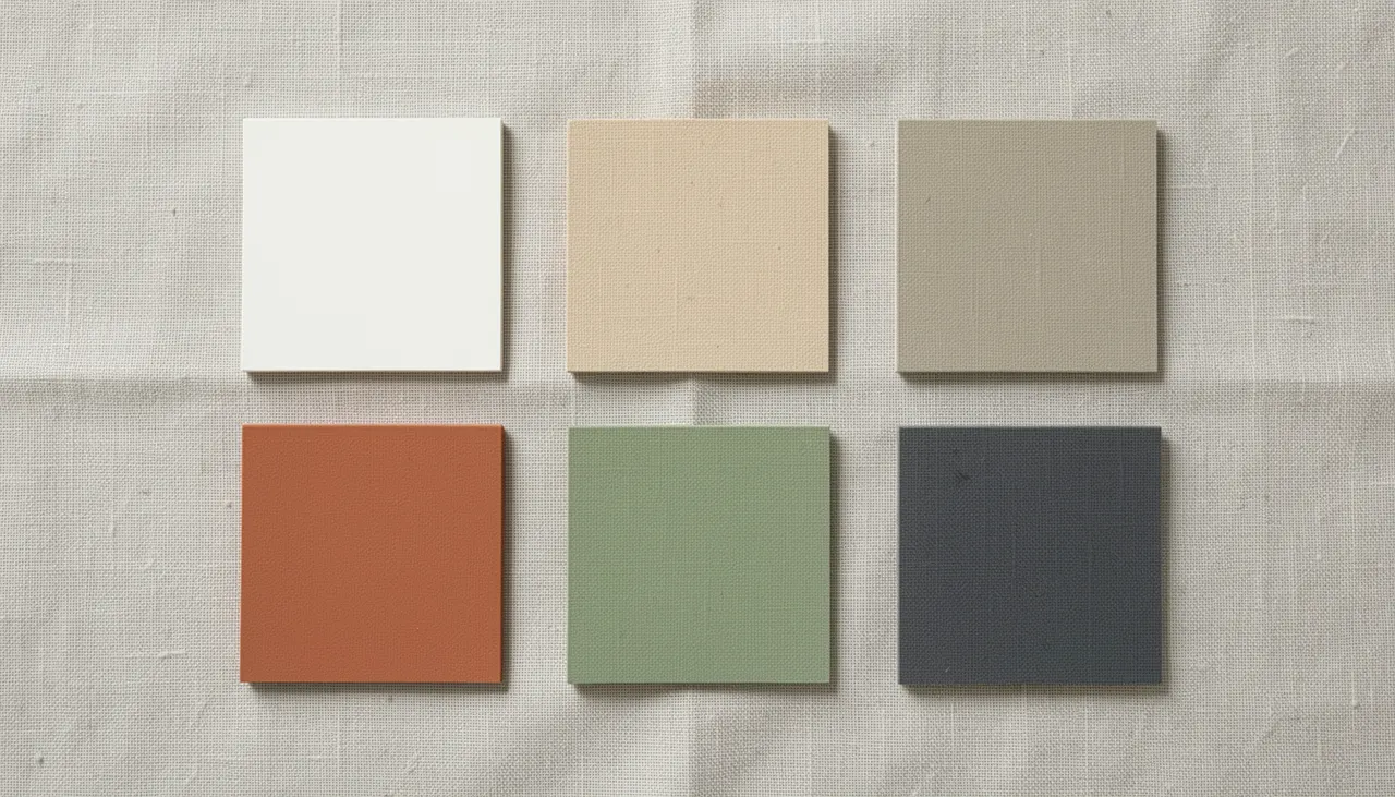 Nuancier visuel des teintes japandi : blanc cassé, lin, grège, terracotta, vert sauge, charbon