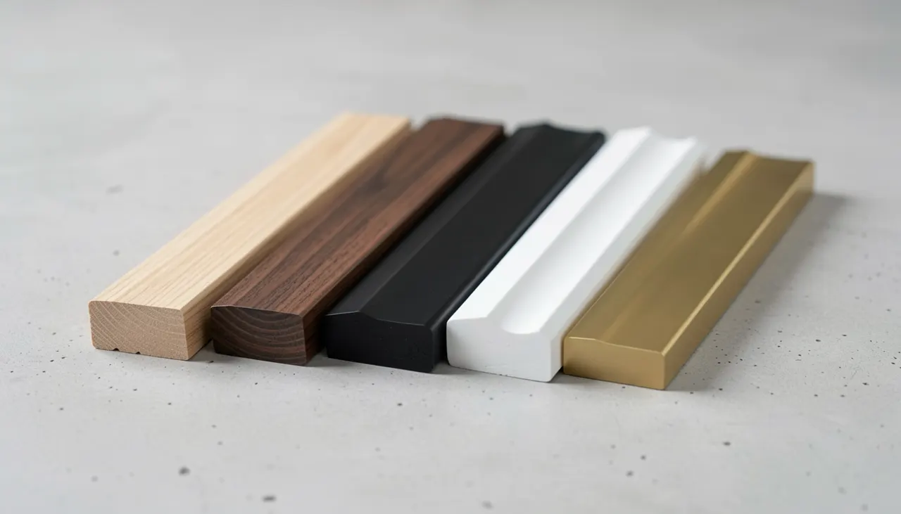 Nuancier de baguettes de cadres : chêne clair, chêne foncé, noir mat, blanc cassé, laiton brossé