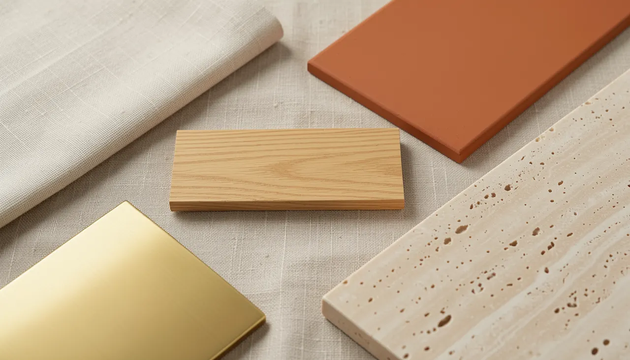 Nuancier couleurs salon moderne : lin, terracotta, chêne, laiton, travertin