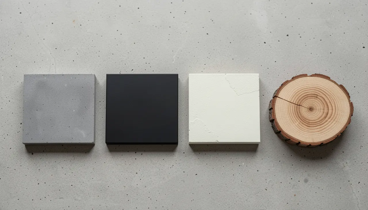 Nuancier teintes de base style industriel : gris anthracite, noir mat, blanc cassé, brun bois