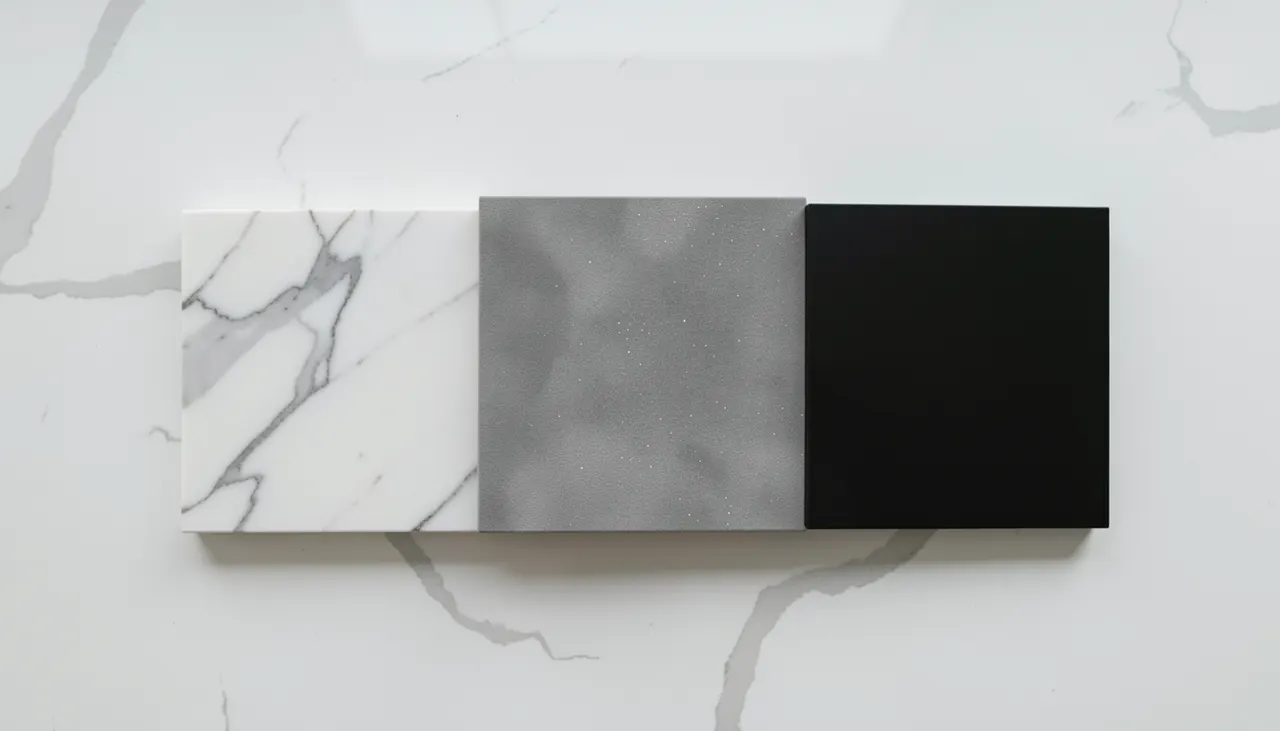 Échantillons quartz blanc veiné, gris béton, noir mat posés sur plan de travail cuisine
