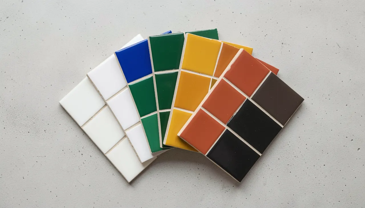Nuancier zellige cuisine teintes blanc nacre bleu vert ocre terracotta disposé en éventail
