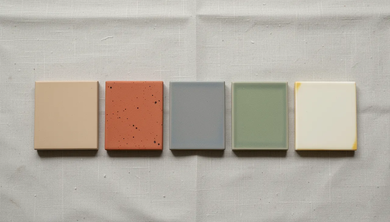 Nuancier visuel des cinq teintes wabi-sabi : beige sable, terracotta, gris cendre, vert sauge, blanc cassé