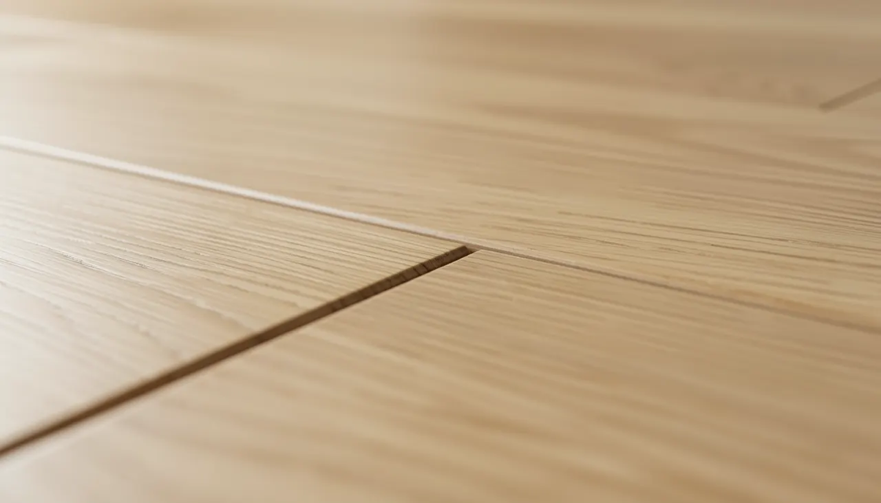 Gros plan sur lames de parquet chêne contrecollé finition huilée brossée, veinage visible, joint droit