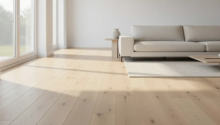 Grand salon lumineux avec parquet en chêne massif clair à lames larges, lumière naturelle traversante