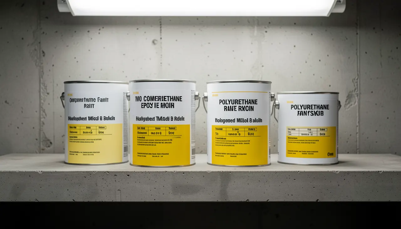 Pots de peinture époxy bi-composant et résine polyuréthane sur étagère atelier