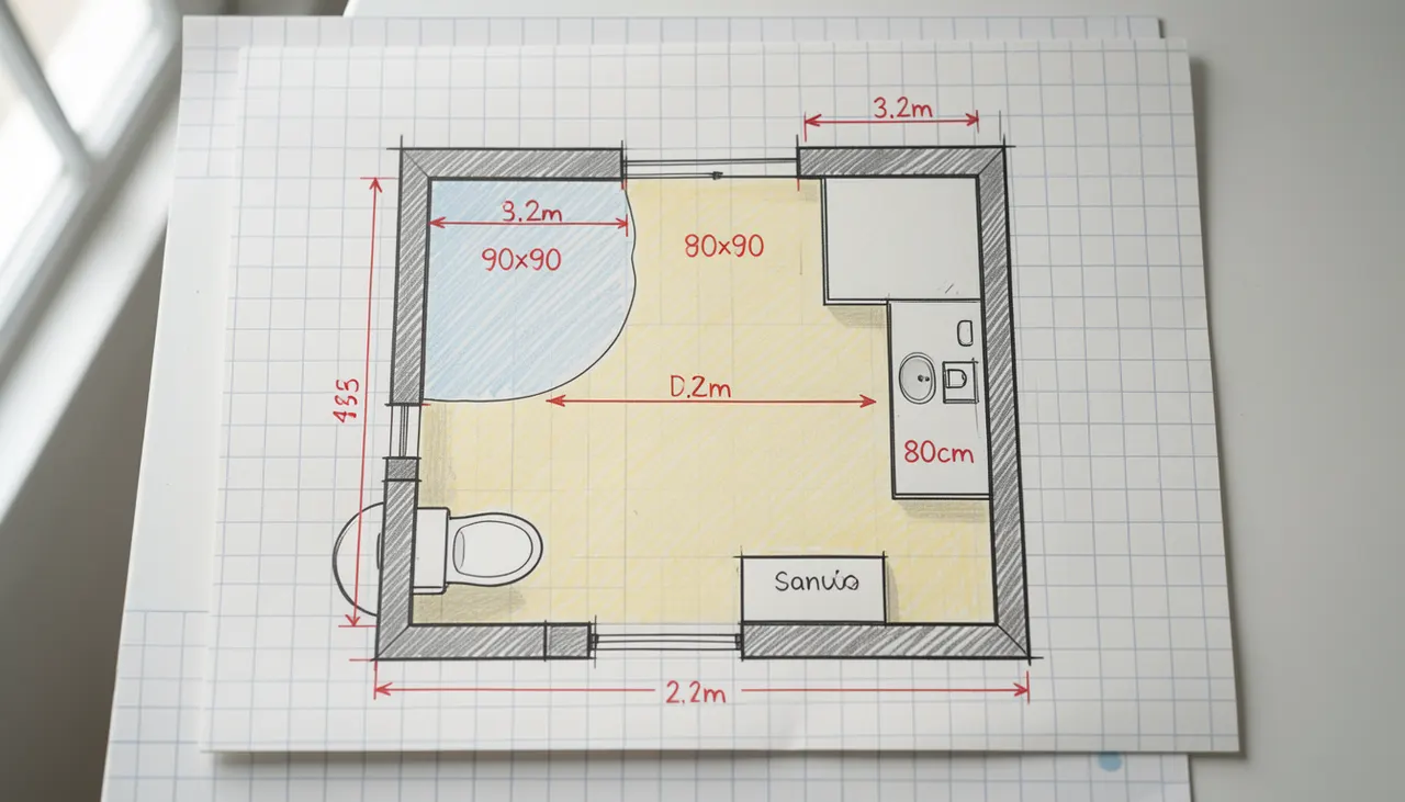 Plan manuscrit annoté d'une petite salle de bain avec cotations et zones humide/sèche