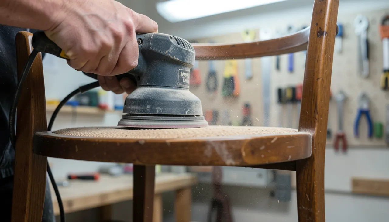Personne ponçant une chaise en bois avec une ponceuse excentrique en atelier