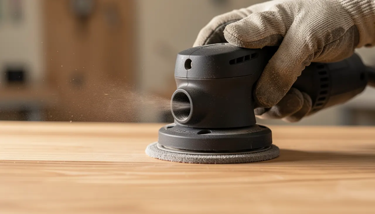 Gros plan sur ponçage excentrique d'un panneau de chêne, poussière aspirée, grain 180