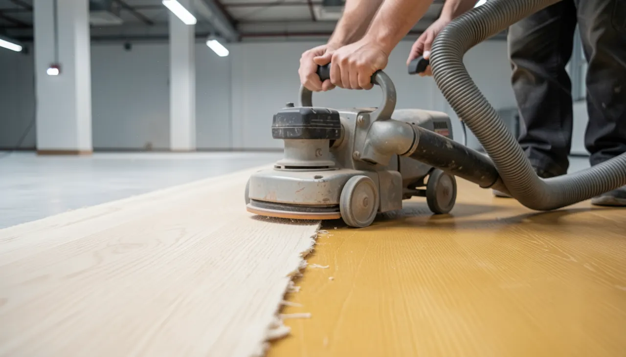 Ponceuse à bande professionnelle en action sur parquet chêne massif, poussière aspirée, bois nu apparu