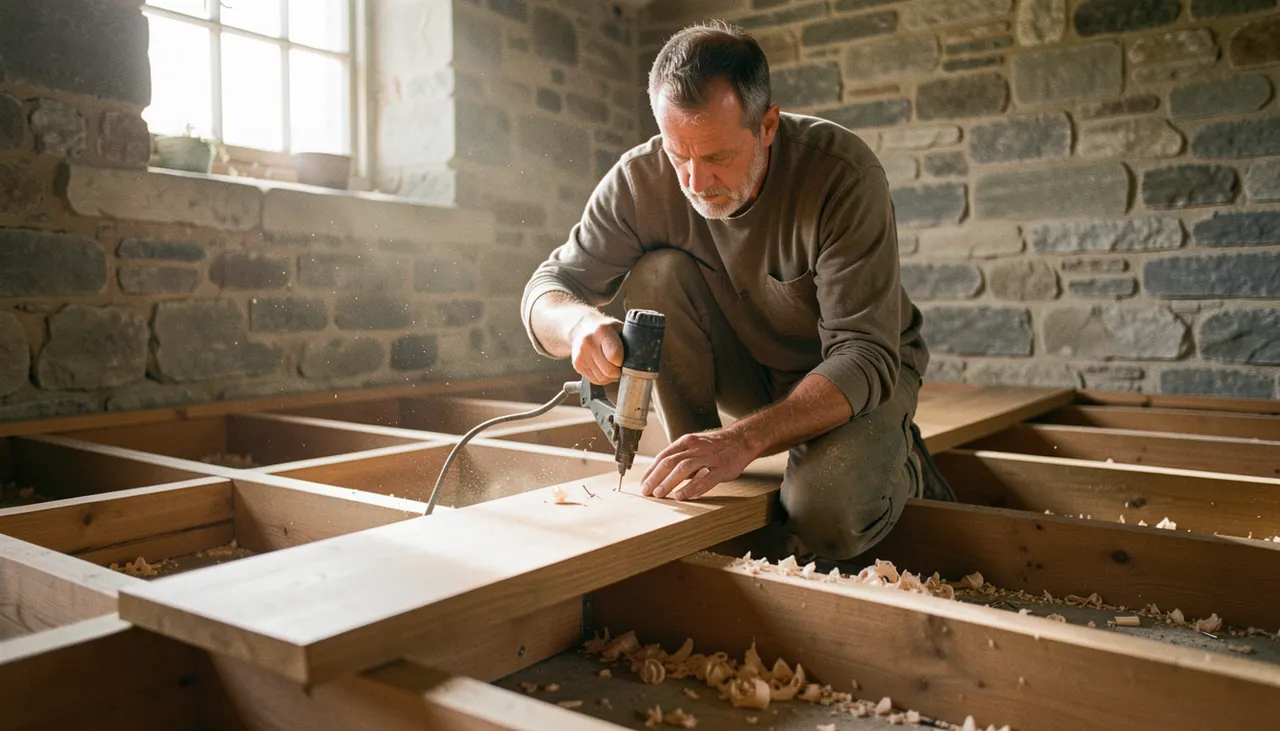 Artisan posant du parquet massif cloué sur lambourdes dans une rénovation ancienne