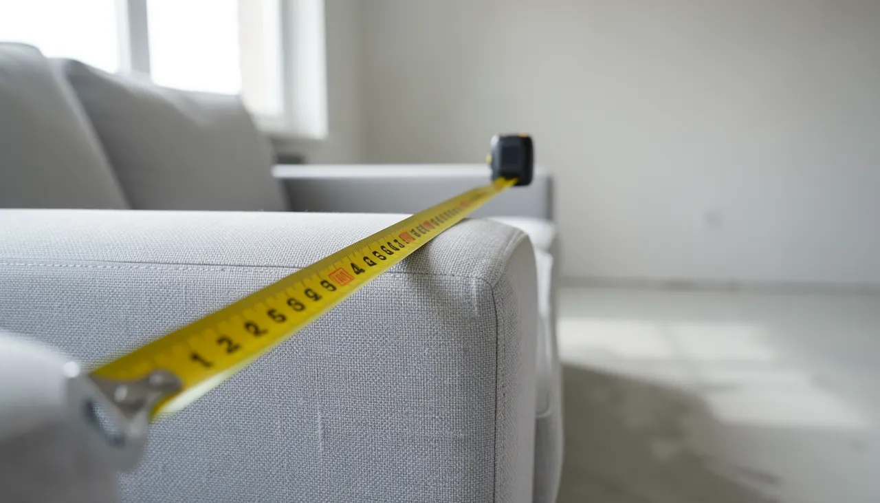 Mètre ruban jaune posé sur l'accoudoir d'un canapé gris clair dans une pièce vide en cours d'aménagement