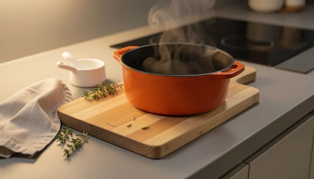 Planche à découper en bois sur plan de travail quartz protégeant la surface d'un plat chaud