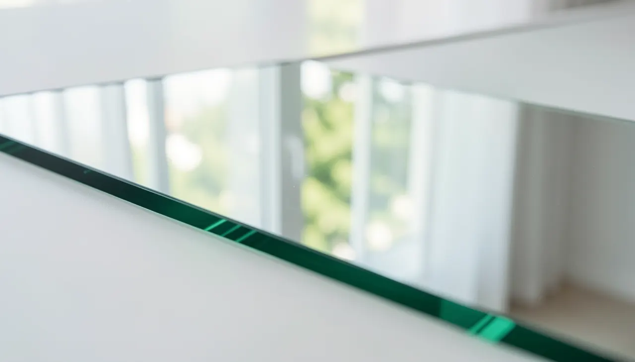 Détail reflet fenêtre dans grand miroir extra-clair salon
