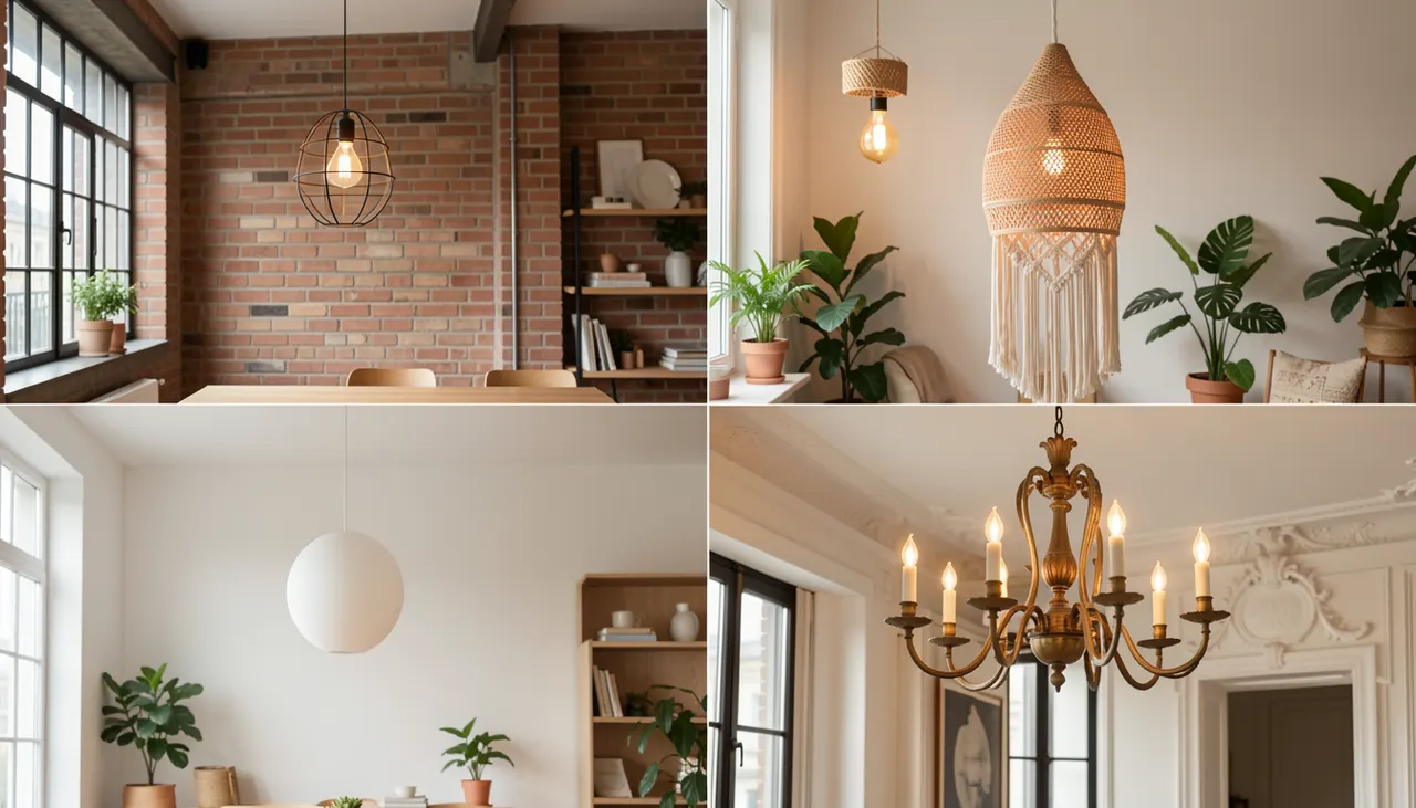 Composition quatre ambiances déco avec ampoules filament : industriel, bohème, scandinave, classique