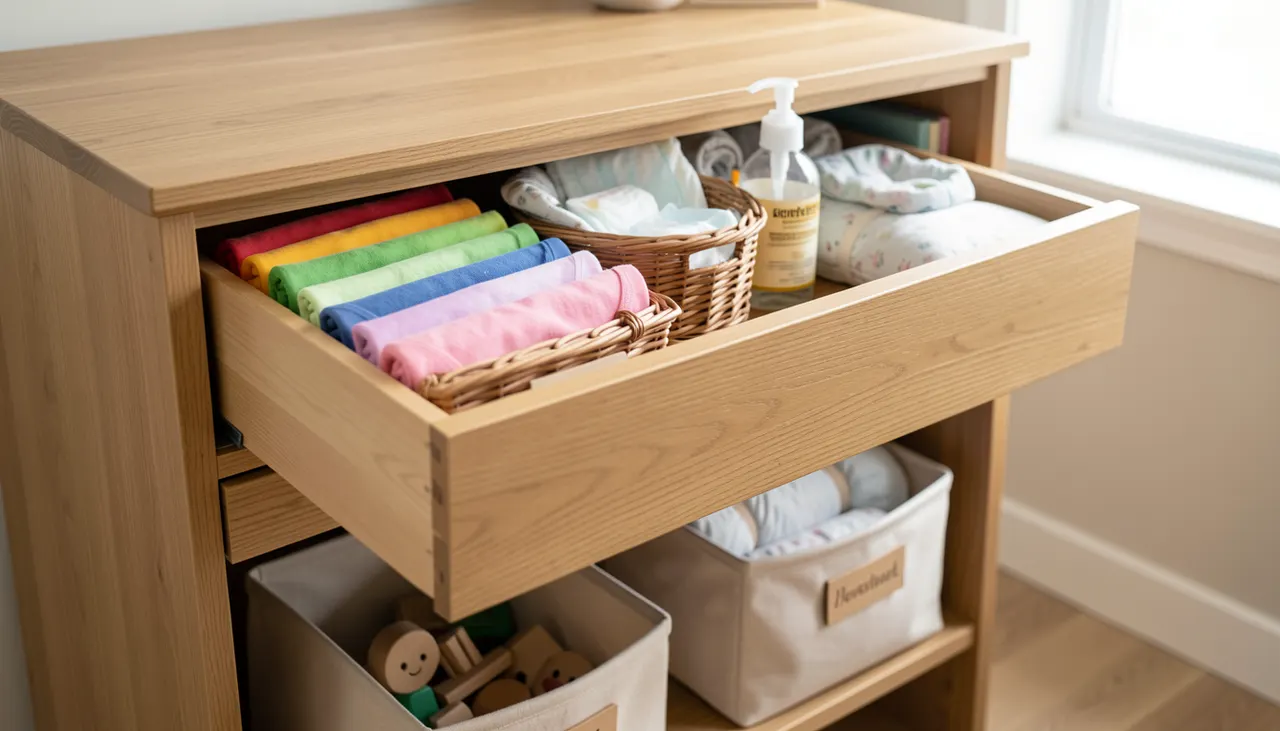 Commode bébé ouverte tiroirs rangés bodies verticalement paniers tissu étagère basse jouets