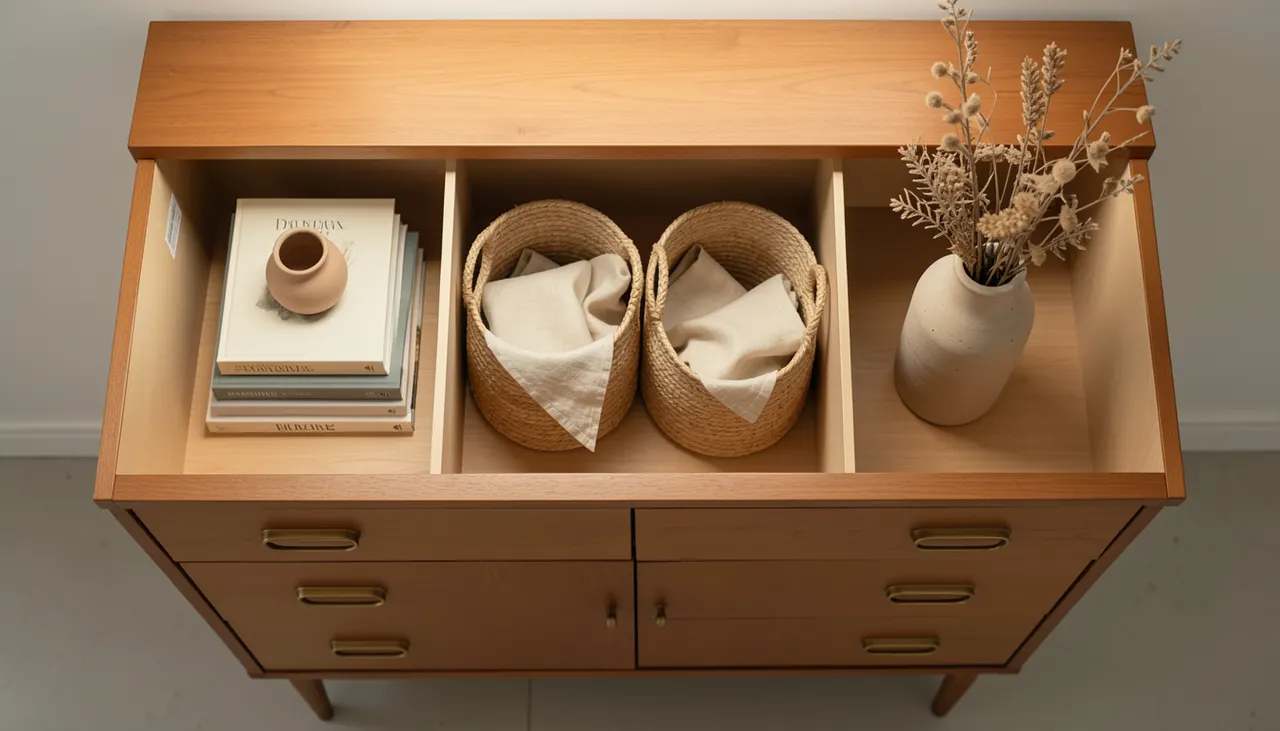 Intérieur d'enfilade vintage organisé : niches livres, tiroirs fermés, paniers osier