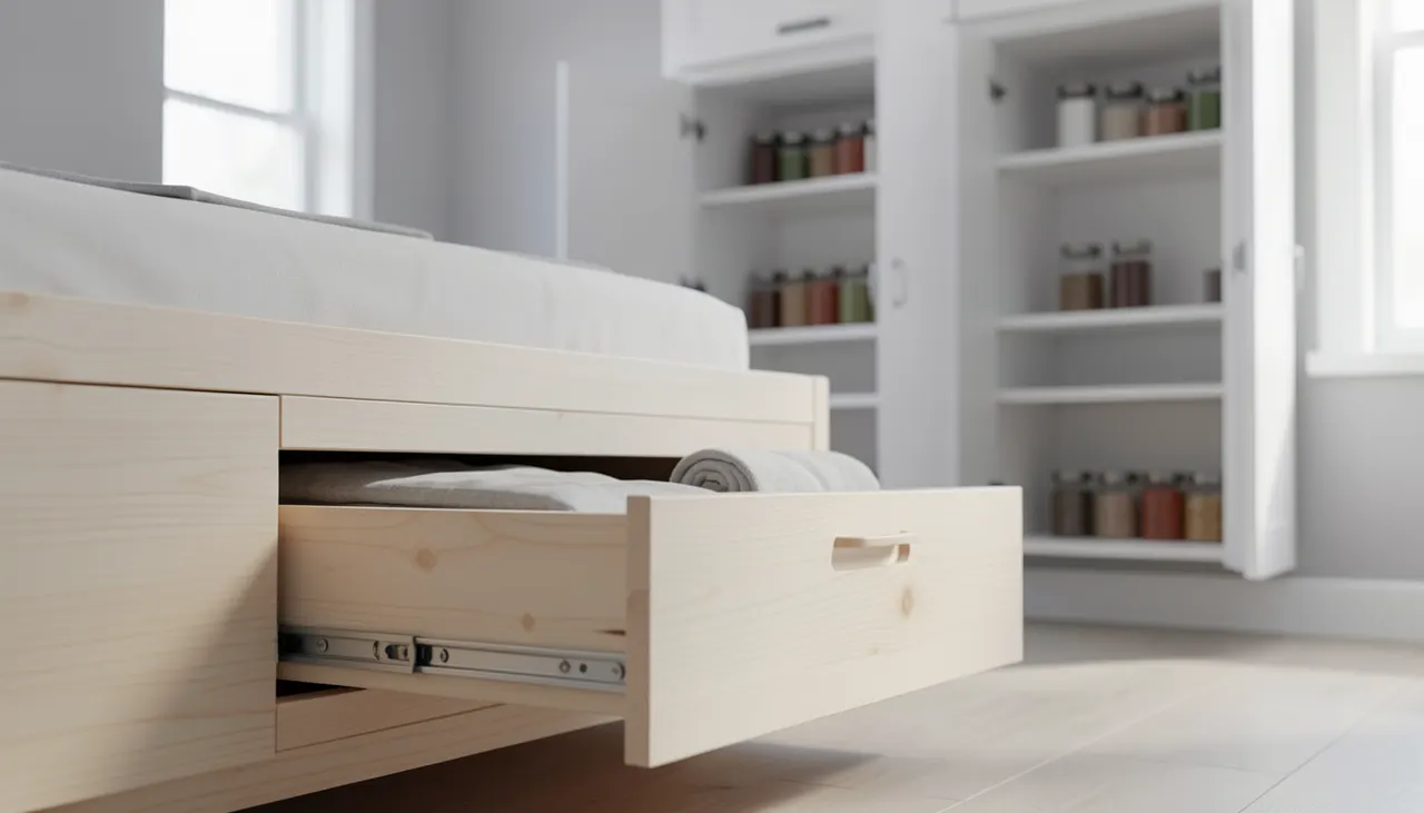 Détail rangements optimisés : tiroirs sous lit, caisson au-dessus porte, niche murale