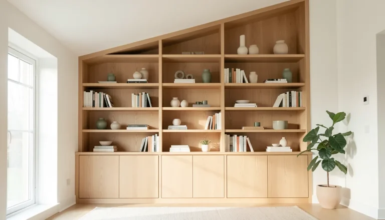 Bibliothèque sur mesure en chêne clair intégrée dans un salon lumineux sous pente