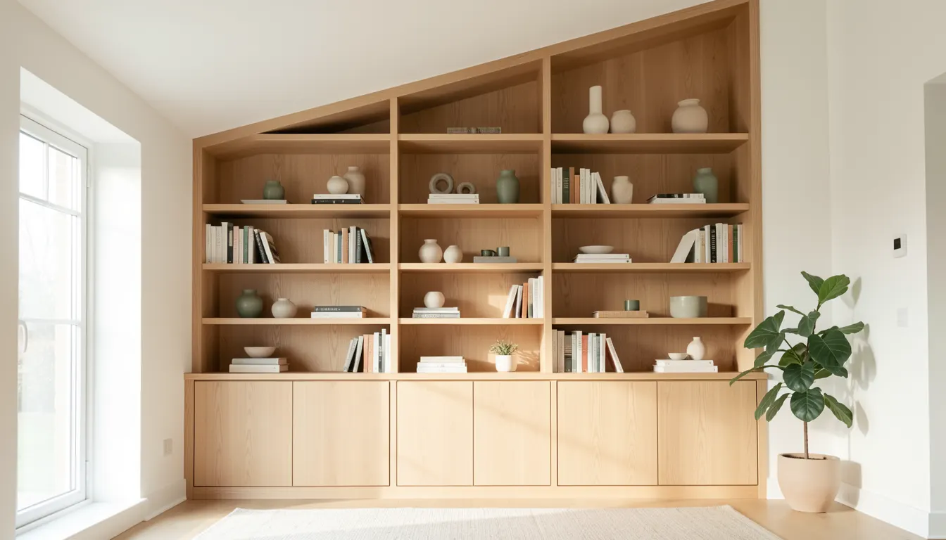 Bibliothèque sur mesure en chêne clair intégrée dans un salon lumineux sous pente