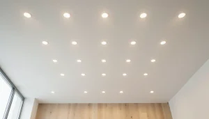 Plafond blanc minimaliste avec grille régulière de spots LED encastrables ronds allumés, lumière chaude homogène