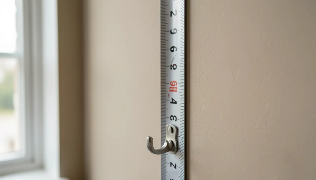 Schéma de mesure au mur : mètre ruban vertical indiquant 160 cm au centre, crochet marqué au crayon