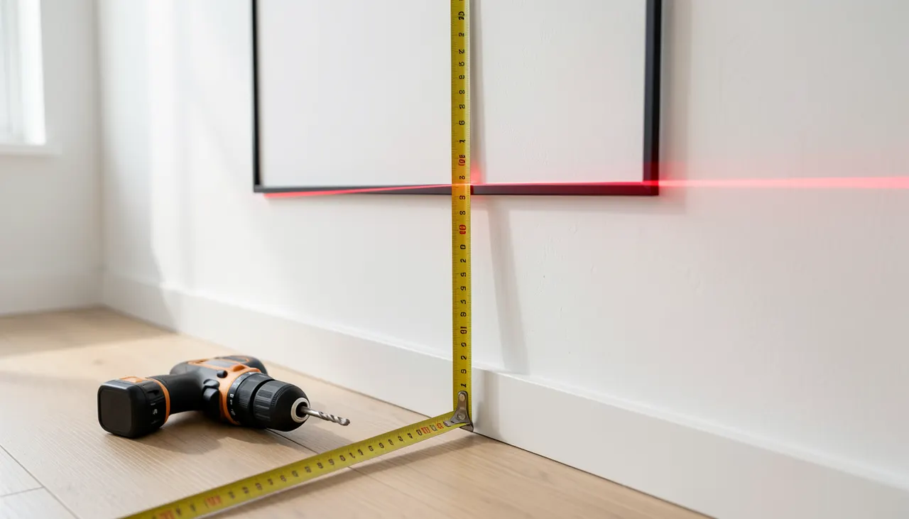 Gros plan sur un mur blanc avec un cadre rectangulaire 60x80 cm centré à 1,60 m, niveau laser rouge projeté, mètre ruban déroulé, perceuse sans fil à côté