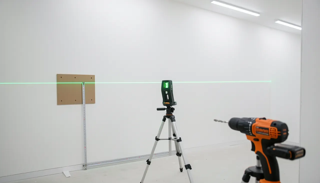 Pose d'étagère invisible au laser niveau sur mur blanc, mètre ruban à 160 cm