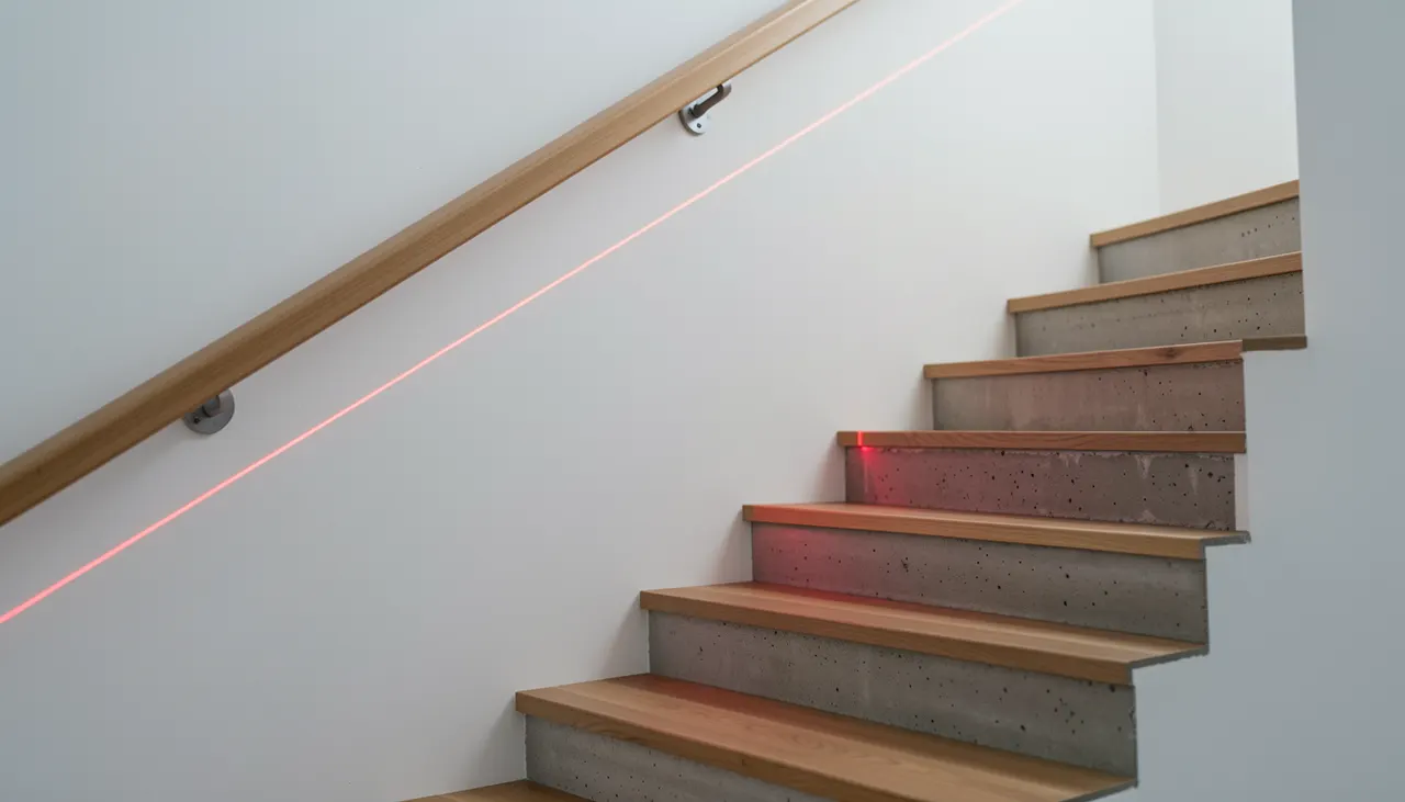 Schéma visuel d'un mur d'escalier avec ligne d'accrochage à 160 cm au-dessus des nez de marche